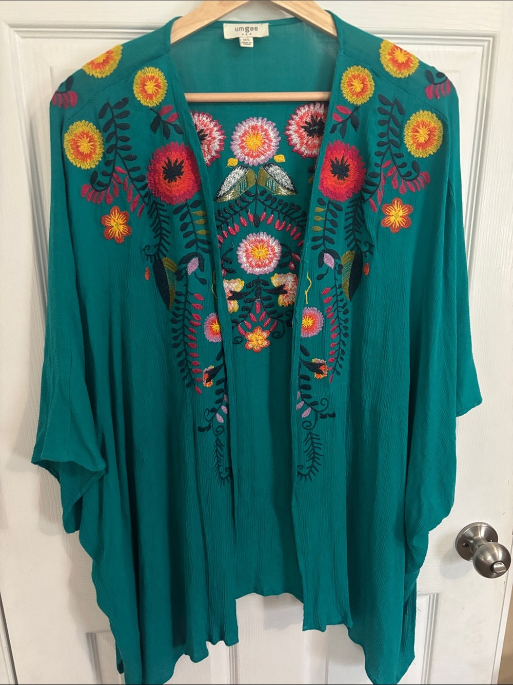 Umgee Teal Embroidered Floral Open Kimono Cardigan